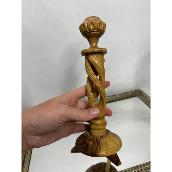 Vintage Hand Carved Olive Wood Open Spiral Candlesticks Candle Holders - Picture 6 of 9